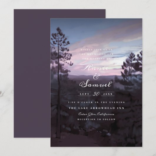 Mountain Getaway Paarse Wedding Kaart (Voorkant / Achterkant)