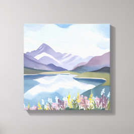 Mountain Lake | Bloemig Watercolor Landschap Canvas Afdruk
