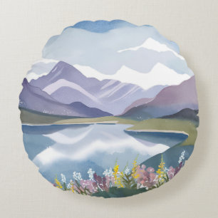 Mountain Lake   Bloemig Watercolor Landschap Rond Kussen
