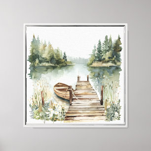 Mountain Lake Boat Waterverf Acryl Kunst Canvas Afdruk