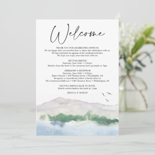 Mountain Lake bruiloft welkomstreisbrief Programmakaart (Staand voorkant)