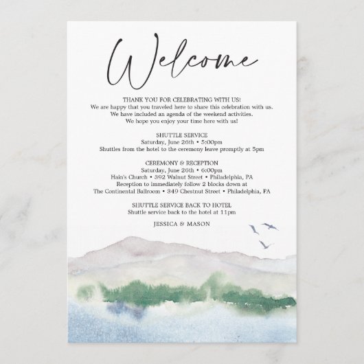 Mountain Lake bruiloft welkomstreisbrief Programmakaart (Voorkant)