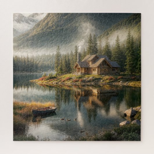 Mountain Lake Cabin met Rowboat Legpuzzel (Verticaal)