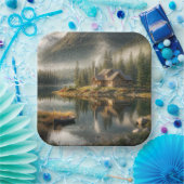 Mountain Lake Cabin met Rowboat Papieren Bordje (Feest)