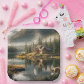Mountain Lake Cabin met Rowboat Papieren Bordje (Feest)