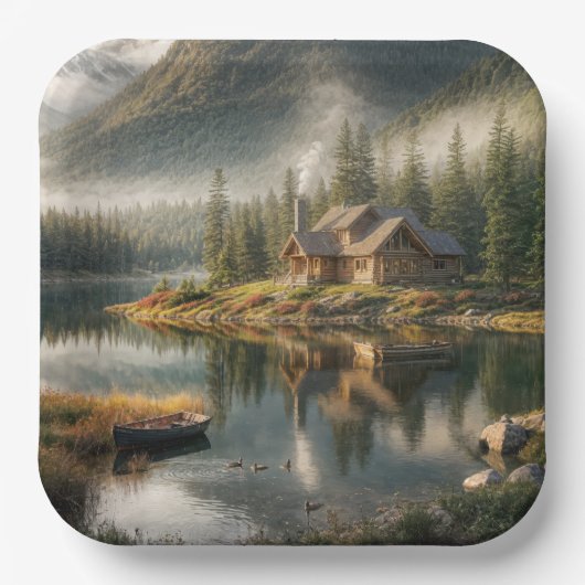 Mountain Lake Cabin met Rowboat Papieren Bordje (Voorkant)