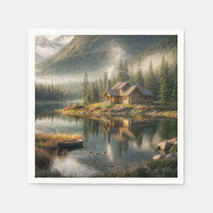 Mountain Lake Cabin met Rowboat Servet