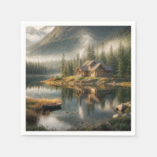Mountain Lake Cabin met Rowboat Servet (Voorkant)