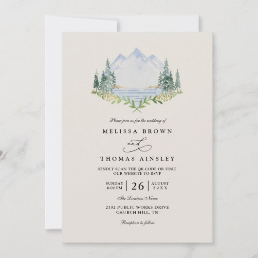 Mountain Lake Forest Tree Rustic QR Code Wedding Kaart (Voorkant)