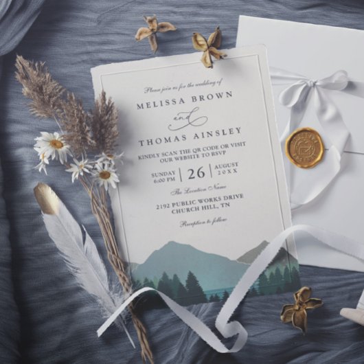 Mountain Lake Forest Trees Pine QR Code Wedding Kaart