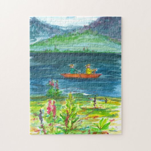 Mountain Lake Kajak Boat Waterverf Schilderij Legpuzzel (Verticaal)