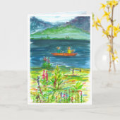 Mountain Lake Kayak Waterverf Happy Birthday Kaart (Gele Bloem)