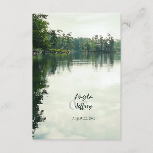 Mountain Lake reflectie rustieke bruiloft details Informatiekaartje (Achterkant)