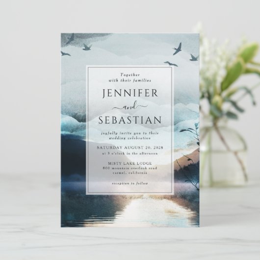 Mountain Lake Rustic Waterverf bruiloft Kaart (Staand voorkant)