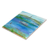 Mountain Lake Sailboat Waterverf schilderij Tegeltje (Zijkant)