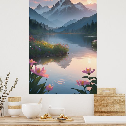 Mountain Lake Sunset Poster (Keuken)