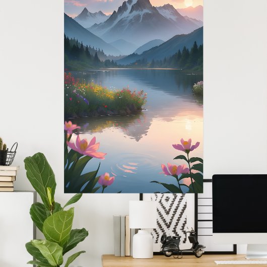 Mountain Lake Sunset Poster (Thuiskantoor)