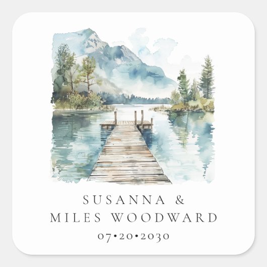 Mountain Lake Watercolor Forest Trees Wedding Vierkante Sticker (Voorkant)