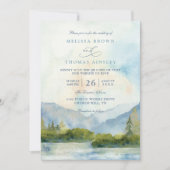 Mountain Lake Watercolor Pine Tree QR Code Wedding Kaart (Voorkant)