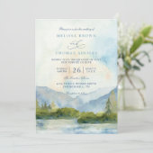 Mountain Lake Watercolor Pine Tree QR Code Wedding Kaart (Staand voorkant)
