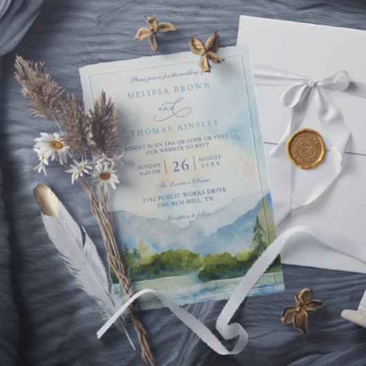 Mountain Lake Watercolor Pine Tree QR Code Wedding Kaart