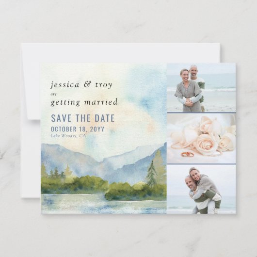 Mountain Lake Waterverf bruiloft 3 foto Save The Date (Voorkant)