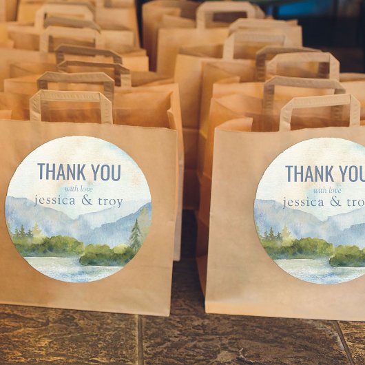 Mountain Lake Waterverf bruiloft dank u Ronde Sticker