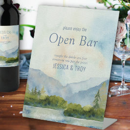 Mountain Lake Waterverf Bruiloft Open Bar Reclamebord Met Voetstuk