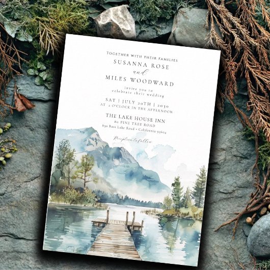 Mountain Lake Waterverf Forest Trees Wedding Kaart