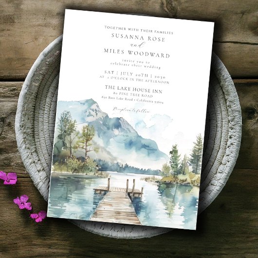 Mountain Lake Waterverf Forest Trees Wedding Kaart