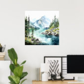 Mountain Lake Waterverf Schilderij Art Print (Thuiskantoor)