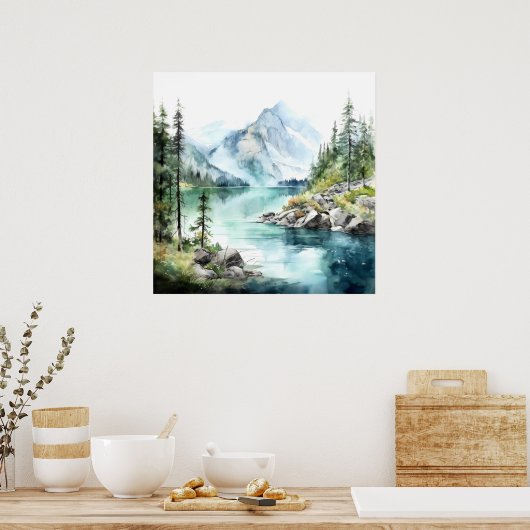 Mountain Lake Waterverf Schilderij Art Print (Keuken)