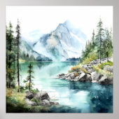 Mountain Lake Waterverf Schilderij Art Print (Voorkant)
