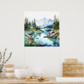 Mountain Lake Waterverf Schilderij Art Print (Keuken)