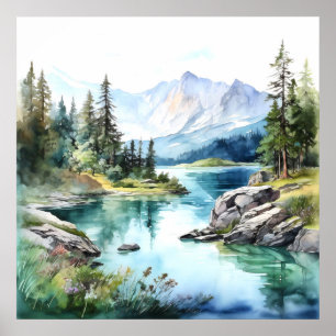 Mountain Lake Waterverf Schilderij Art Print