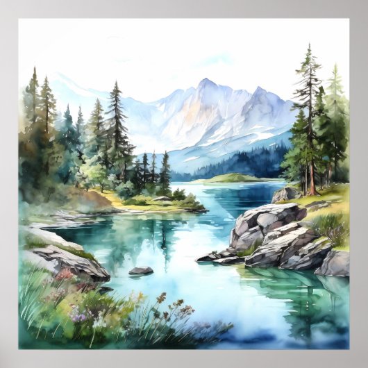 Mountain Lake Waterverf Schilderij Art Print (Voorkant)