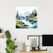 Mountain Lake Waterverf Schilderij Art Print (Thuiskantoor)