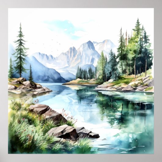 Mountain Lake Waterverf Schilderij Art Print (Voorkant)