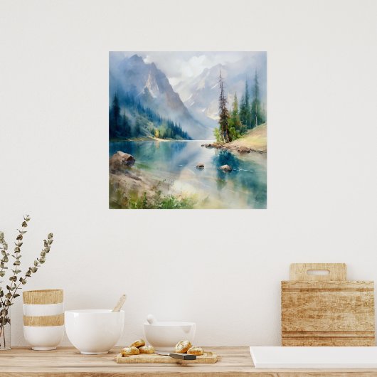 Mountain Lake Waterverf Schilderij Art Print (Keuken)