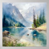Mountain Lake Waterverf Schilderij Art Print (Voorkant)