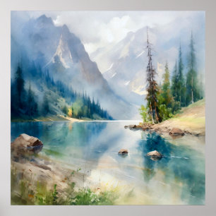 Mountain Lake Waterverf Schilderij Art Print