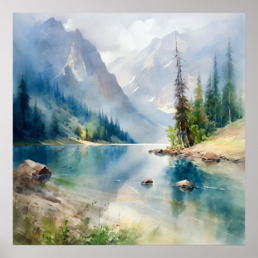 Mountain Lake Waterverf Schilderij Art Print (Voorkant)