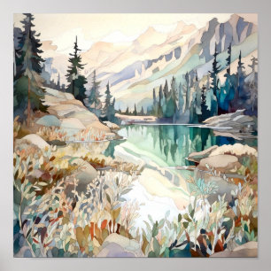Mountain Lake Waterverf Schilderij Art Print