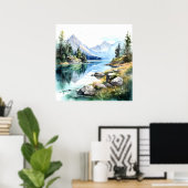 Mountain Lake Waterverf Schilderij Art Print (Thuiskantoor)