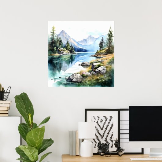 Mountain Lake Waterverf Schilderij Art Print (Thuiskantoor)