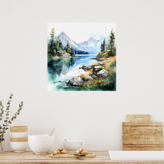 Mountain Lake Waterverf Schilderij Art Print (Keuken)