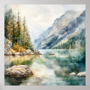 Mountain Lake Waterverf Schilderij Art Print