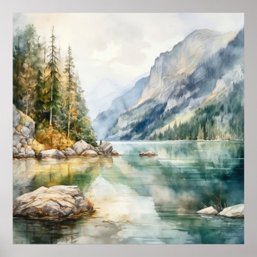 Mountain Lake Waterverf Schilderij Art Print (Voorkant)