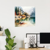 Mountain Lake Waterverf Schilderij Art Print (Thuiskantoor)