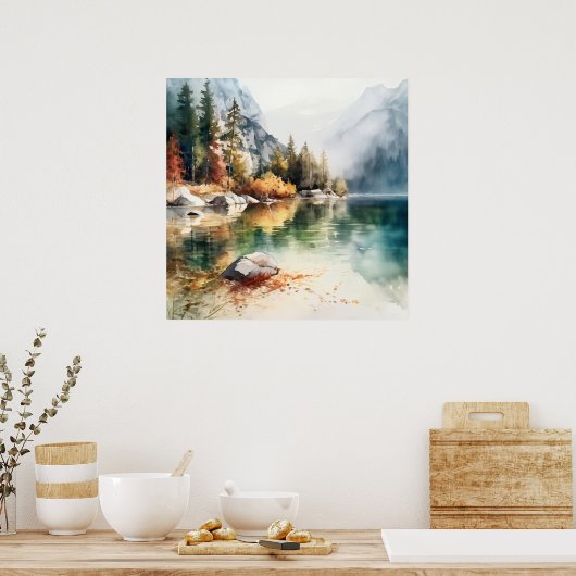 Mountain Lake Waterverf Schilderij Art Print (Keuken)